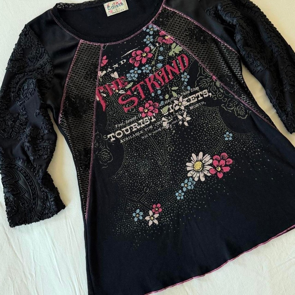 Edista Y2K Whimsy Boho Black Paisley 3/4 Sleeve Lace Scoop Neck Top Large